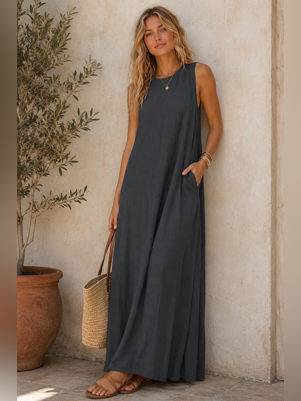 Zara Charcoal Gray Sleeveless Maxi Dress | Minimalist A-Line | XS (US)